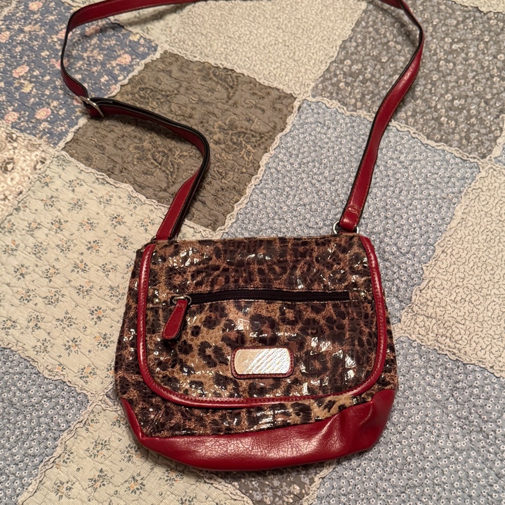 Rosetti Leopard Print Crossbody Bag with Red Trim
